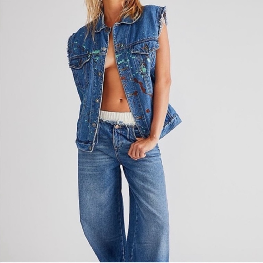 NWT Free People Tricia Fix Dalia Denim Vest Embroidered Floral Paint Splatter S